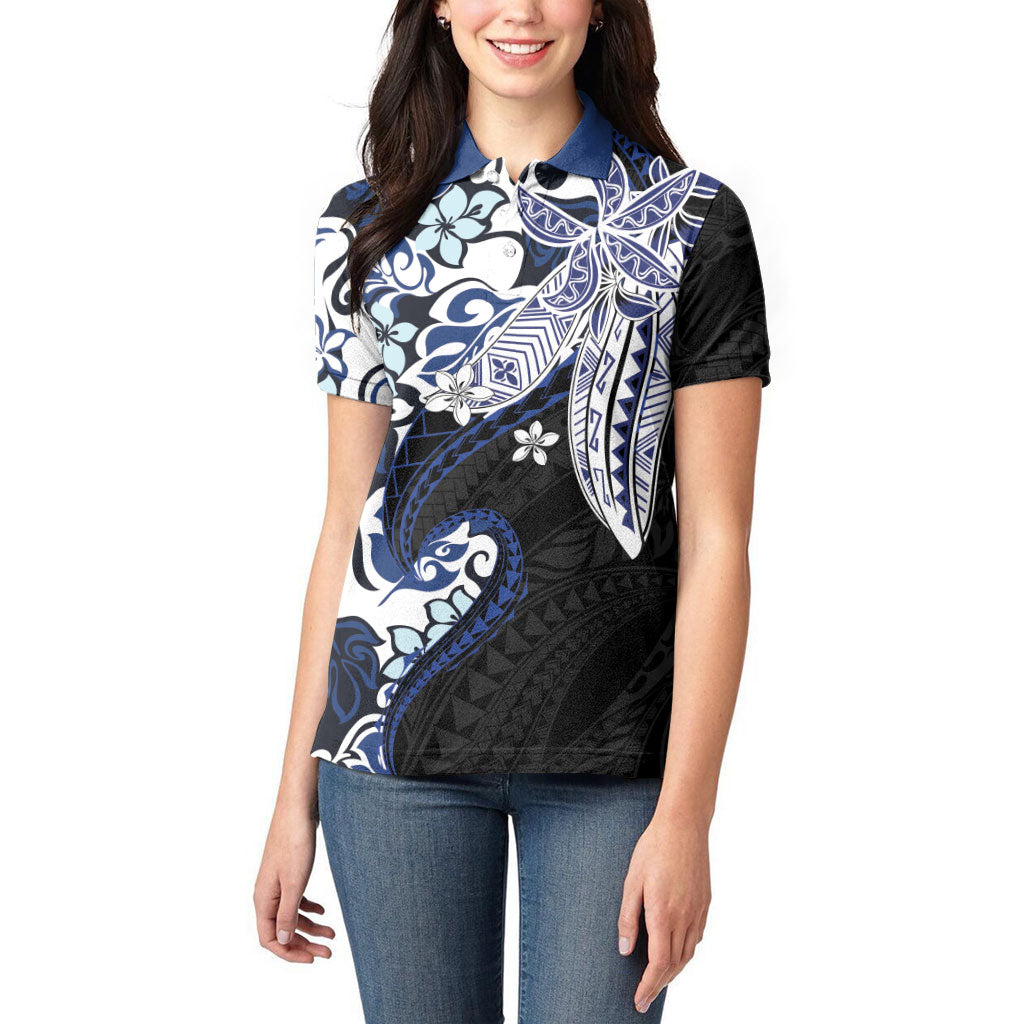 Monstera Plumeria Flowers Blue Women Polo Shirt Polynesian Pattern