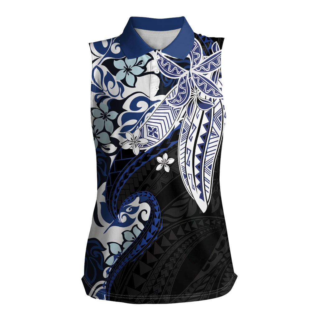 Monstera Plumeria Flowers Blue Women Sleeveless Polo Shirt Polynesian Pattern LT01 Female Blue - Polynesian Pride
