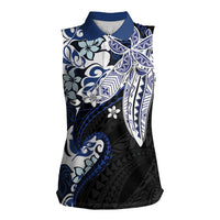 Monstera Plumeria Flowers Blue Women Sleeveless Polo Shirt Polynesian Pattern LT01 Female Blue - Polynesian Pride