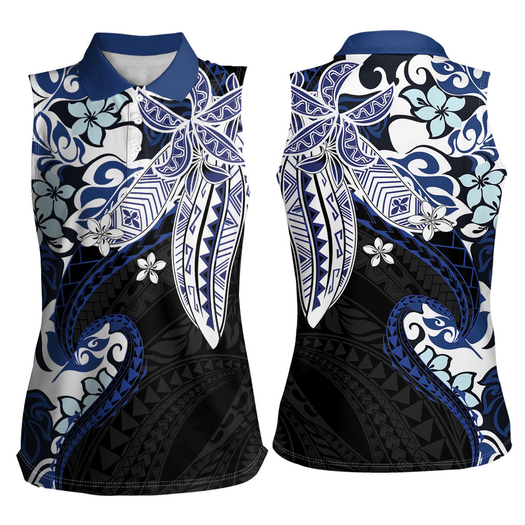 Monstera Plumeria Flowers Blue Women Sleeveless Polo Shirt Polynesian Pattern LT01 - Polynesian Pride