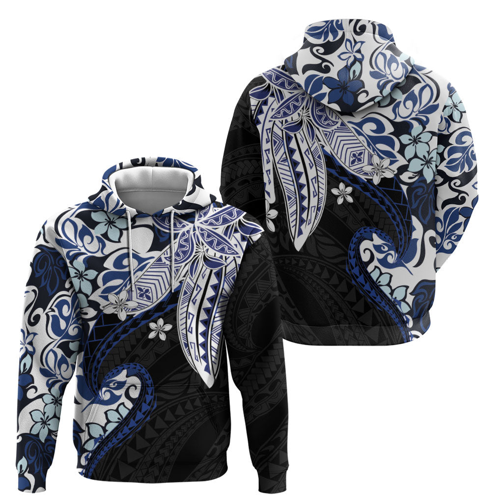 Monstera Plumeria Flowers Blue Zip Hoodie Polynesian Pattern