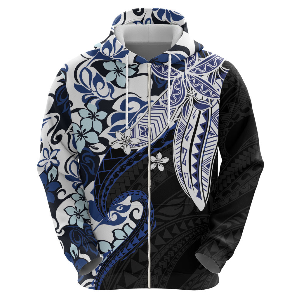 Monstera Plumeria Flowers Blue Zip Hoodie Polynesian Pattern