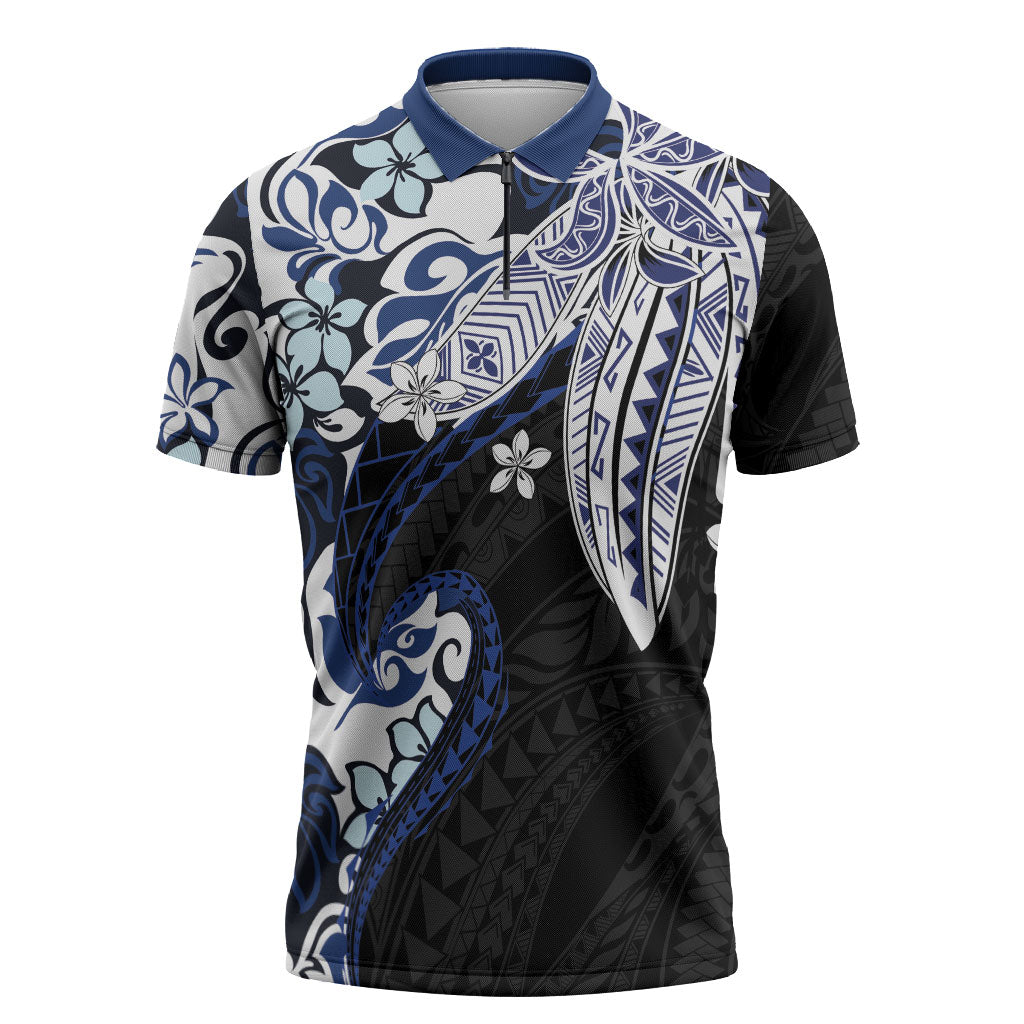 Monstera Plumeria Flowers Blue Zipper Polo Shirt Polynesian Pattern