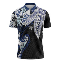 Monstera Plumeria Flowers Blue Zipper Polo Shirt Polynesian Pattern