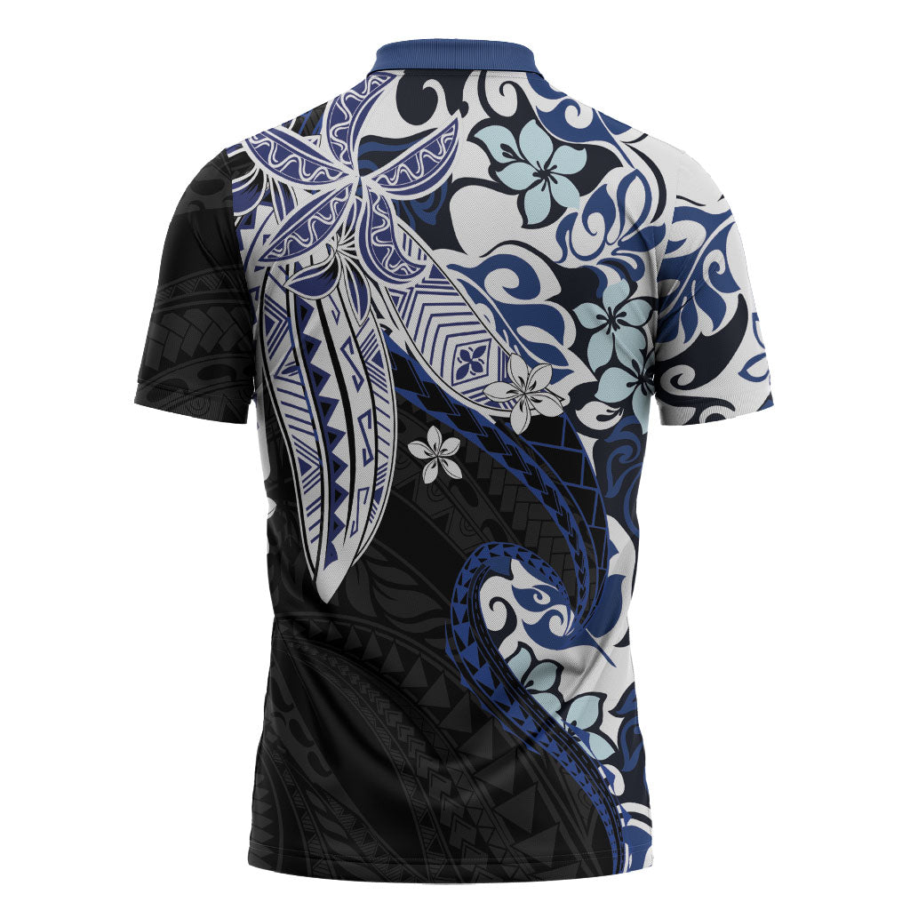 Monstera Plumeria Flowers Blue Zipper Polo Shirt Polynesian Pattern