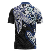 Monstera Plumeria Flowers Blue Zipper Polo Shirt Polynesian Pattern