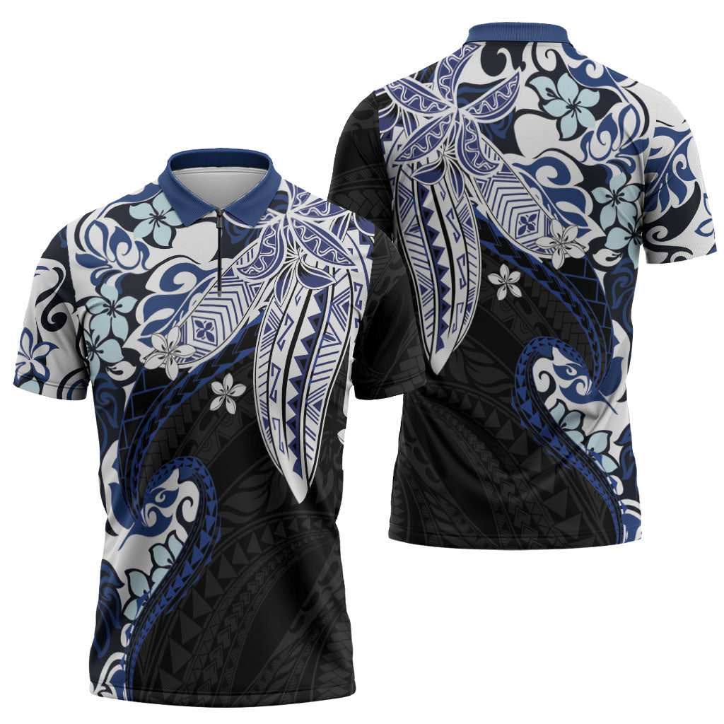 Monstera Plumeria Flowers Blue Zipper Polo Shirt Polynesian Pattern