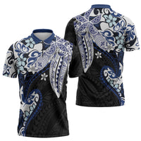 Monstera Plumeria Flowers Blue Zipper Polo Shirt Polynesian Pattern