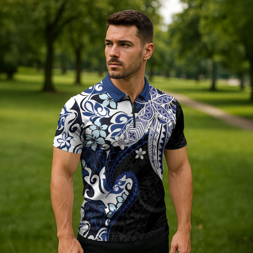 Monstera Plumeria Flowers Blue Zipper Polo Shirt Polynesian Pattern