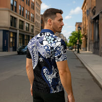 Monstera Plumeria Flowers Blue Zipper Polo Shirt Polynesian Pattern
