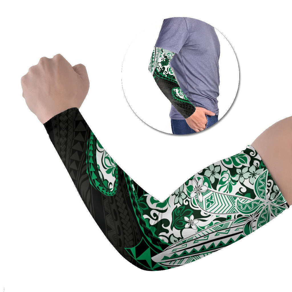 Monstera Plumeria Flowers Green Arm Sleeves Polynesian Pattern LT01 Set of 2 Green - Polynesian Pride