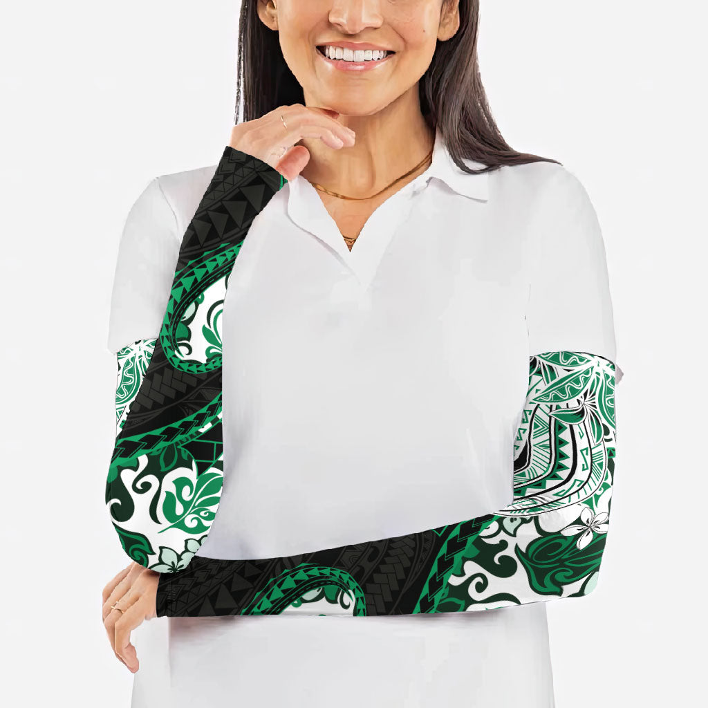 Monstera Plumeria Flowers Green Arm Sleeves Polynesian Pattern LT01 - Polynesian Pride
