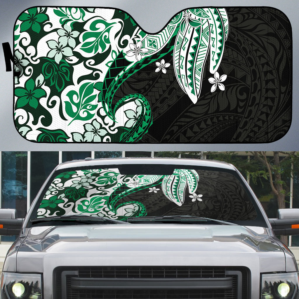 Monstera Plumeria Flowers Green Auto Sun Shade Polynesian Pattern LT01 Green - Polynesian Pride