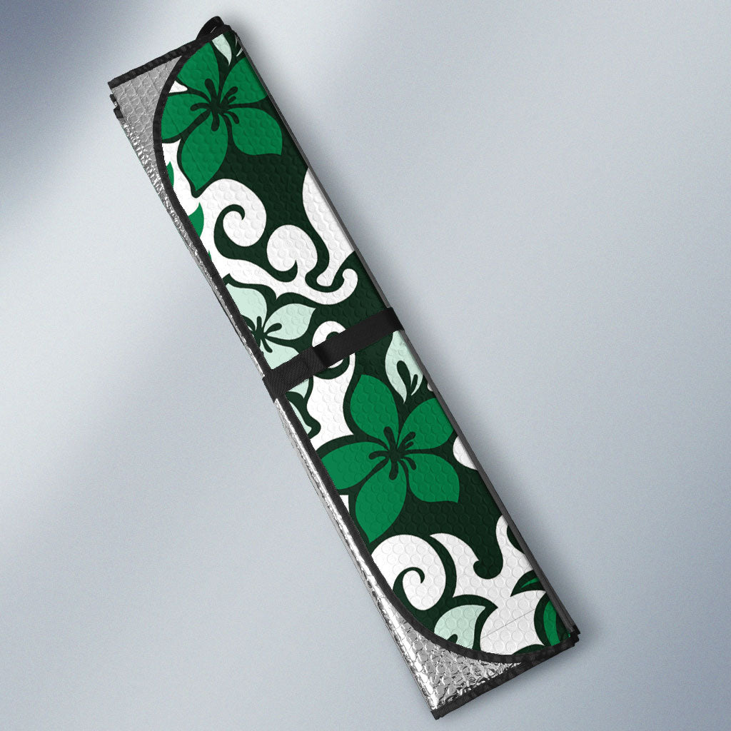 Monstera Plumeria Flowers Green Auto Sun Shade Polynesian Pattern LT01 - Polynesian Pride