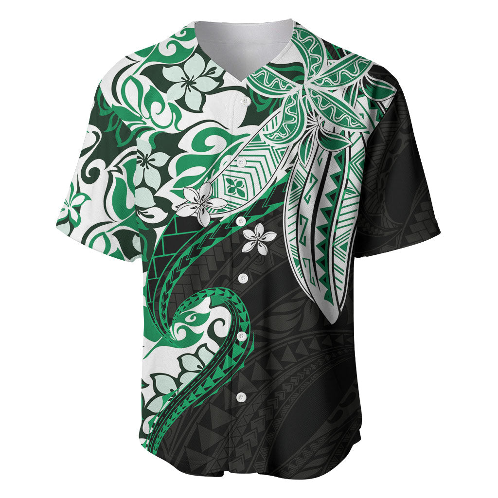Monstera Plumeria Flowers Green Baseball Jersey Polynesian Pattern