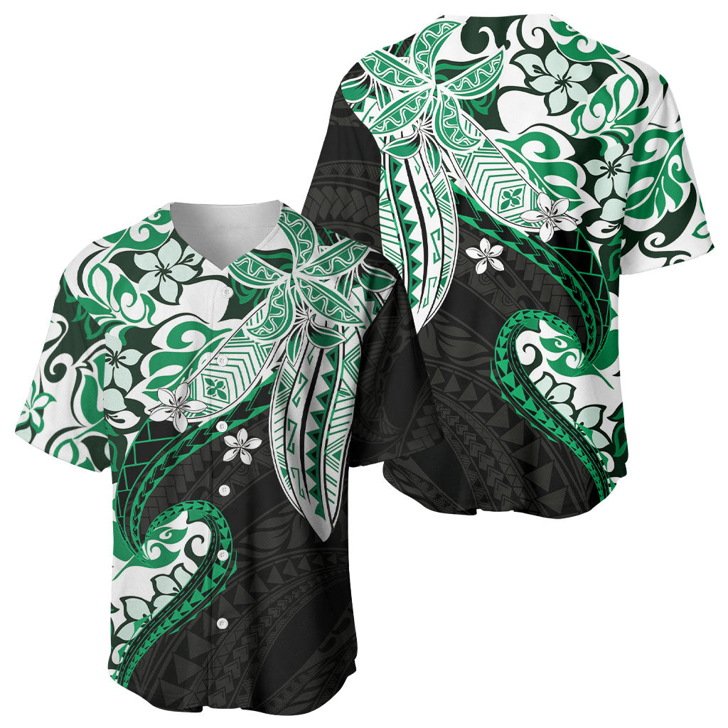 Monstera Plumeria Flowers Green Baseball Jersey Polynesian Pattern