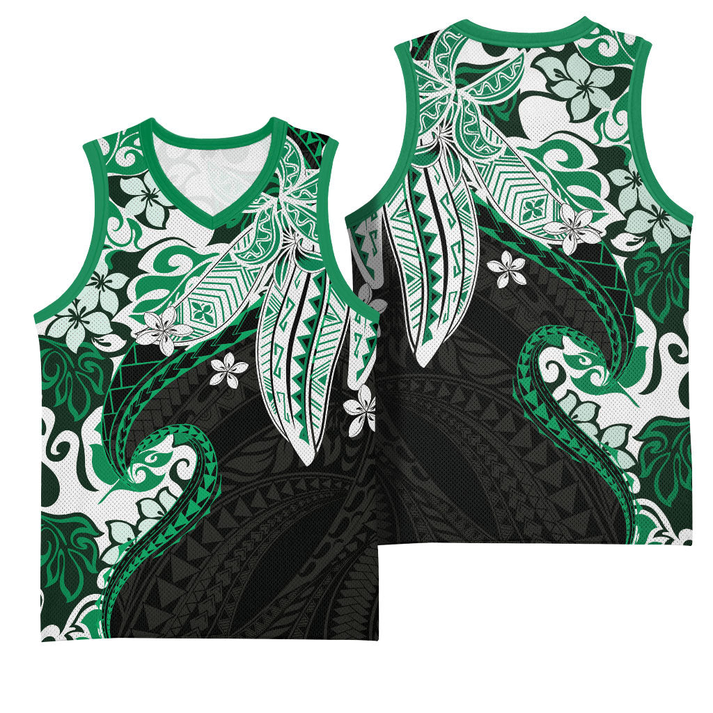 Monstera Plumeria Flowers Green Basketball Jersey Polynesian Pattern LT01 - Polynesian Pride