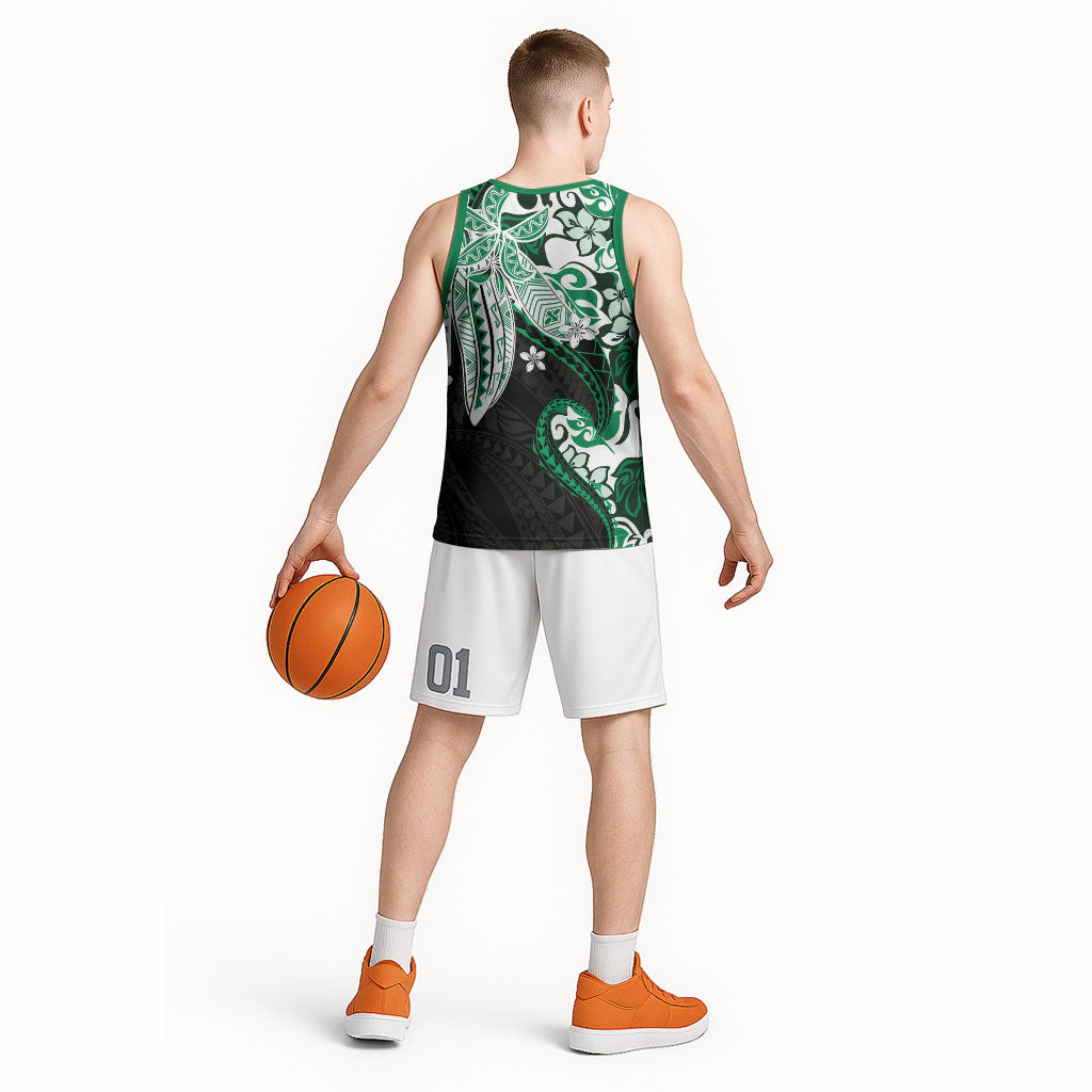 Monstera Plumeria Flowers Green Basketball Jersey Polynesian Pattern LT01 - Polynesian Pride