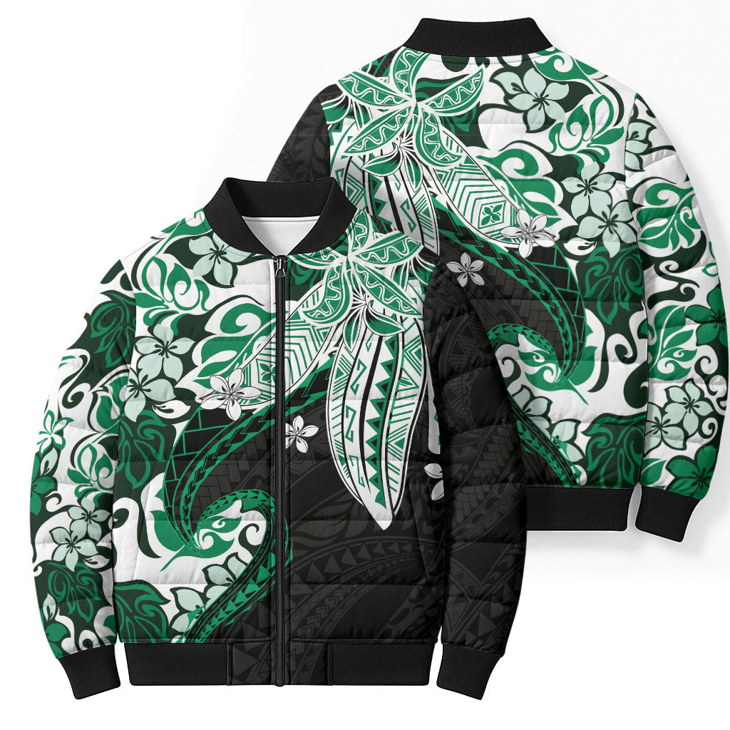 Monstera Plumeria Flowers Green Bomber Puffer Jacket Polynesian Pattern LT01 - Polynesian Pride