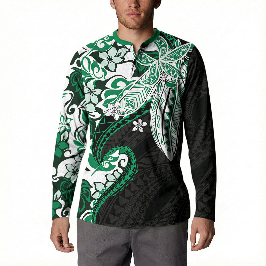 Monstera Plumeria Flowers Green Button Sweatshirt Polynesian Pattern LT01 - Polynesian Pride
