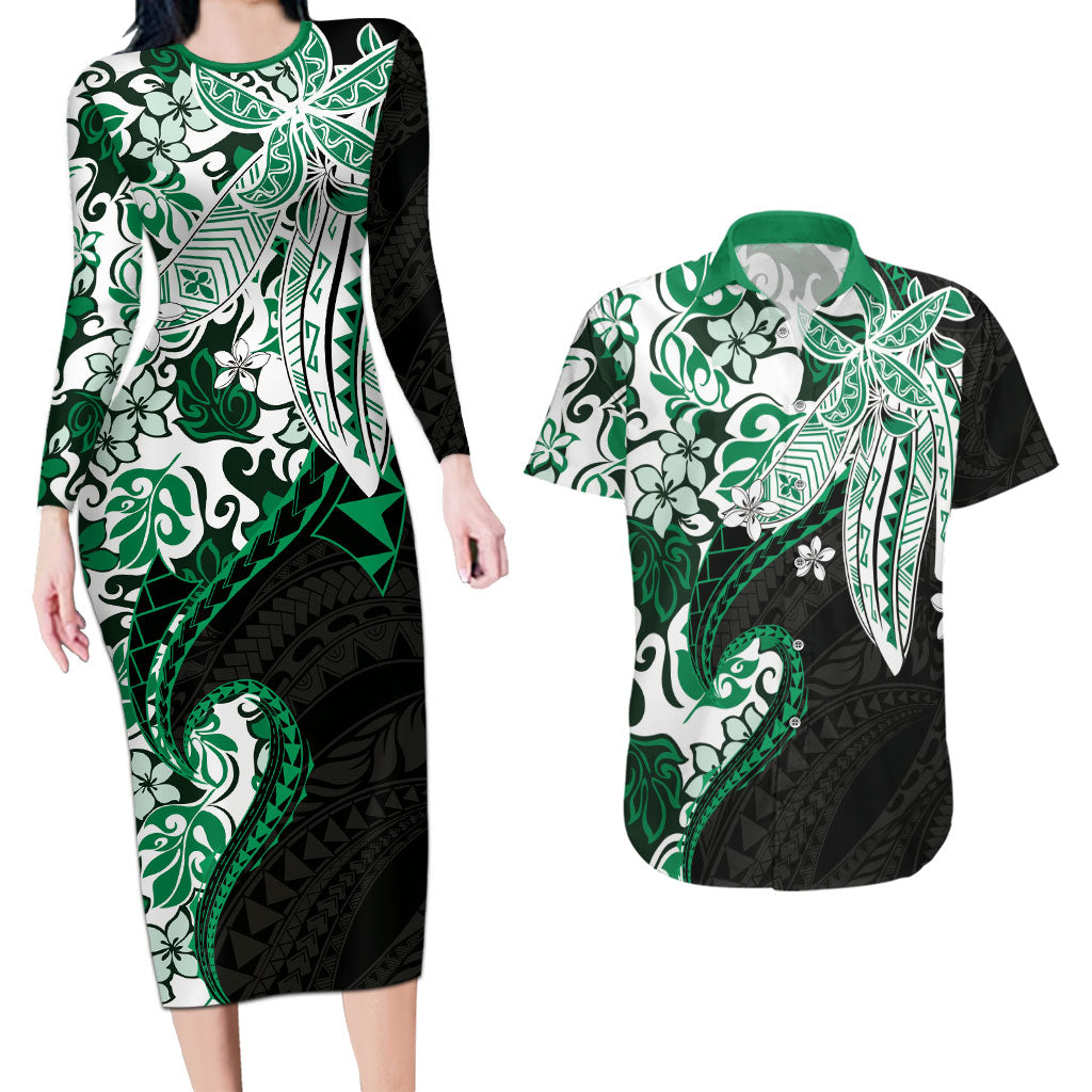Monstera Plumeria Flowers Green Couples Matching Long Sleeve Bodycon Dress and Hawaiian Shirt Polynesian Pattern LT01 Green - Polynesian Pride