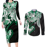 Monstera Plumeria Flowers Green Couples Matching Long Sleeve Bodycon Dress and Long Sleeve Button Shirt Polynesian Pattern LT01 Green - Polynesian Pride