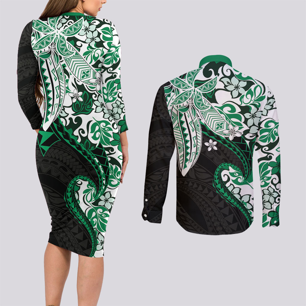 Monstera Plumeria Flowers Green Couples Matching Long Sleeve Bodycon Dress and Long Sleeve Button Shirt Polynesian Pattern LT01 - Polynesian Pride