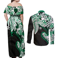 Monstera Plumeria Flowers Green Couples Matching Off Shoulder Maxi Dress and Long Sleeve Button Shirt Polynesian Pattern LT01 - Polynesian Pride