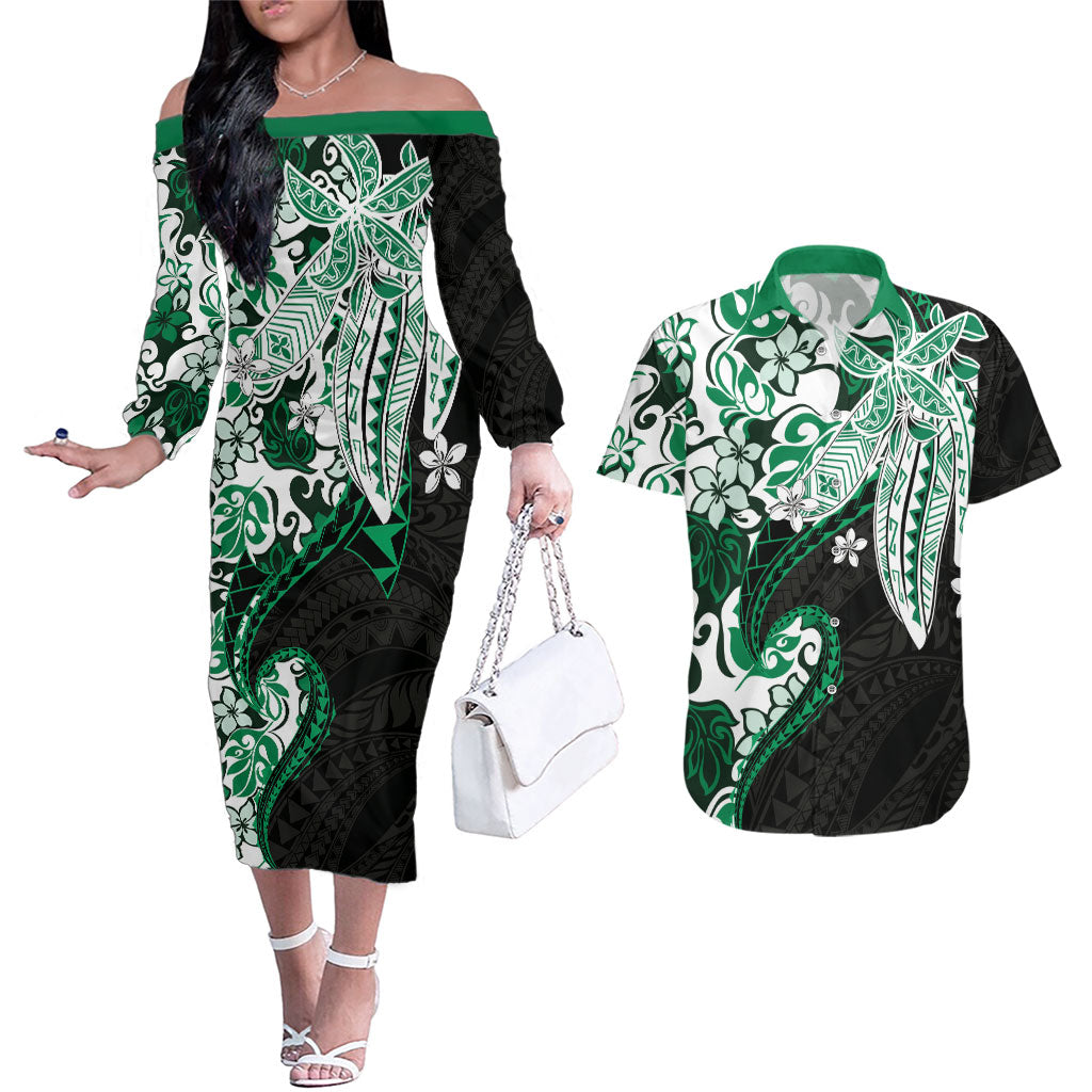Monstera Plumeria Flowers Green Couples Matching Off The Shoulder Long Sleeve Dress and Hawaiian Shirt Polynesian Pattern LT01 Green - Polynesian Pride