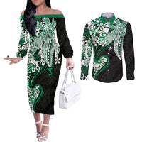 Monstera Plumeria Flowers Green Couples Matching Off The Shoulder Long Sleeve Dress and Long Sleeve Button Shirt Polynesian Pattern LT01 Green - Polynesian Pride