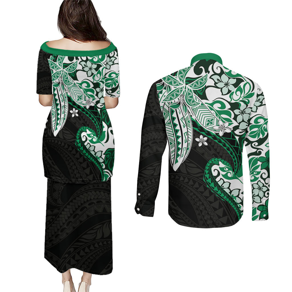 Monstera Plumeria Flowers Green Couples Matching Puletasi and Long Sleeve Button Shirt Polynesian Pattern LT01 - Polynesian Pride