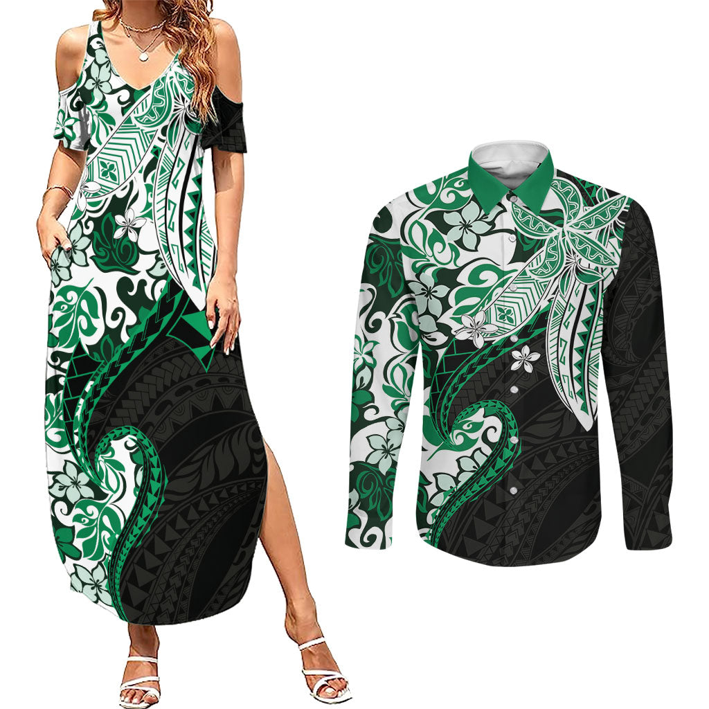 Monstera Plumeria Flowers Green Couples Matching Summer Maxi Dress and Long Sleeve Button Shirt Polynesian Pattern LT01 Green - Polynesian Pride