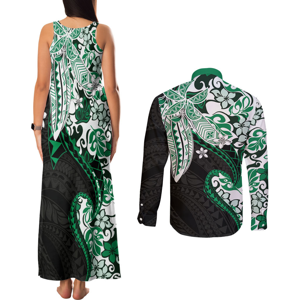 Monstera Plumeria Flowers Green Couples Matching Tank Maxi Dress and Long Sleeve Button Shirt Polynesian Pattern LT01 - Polynesian Pride