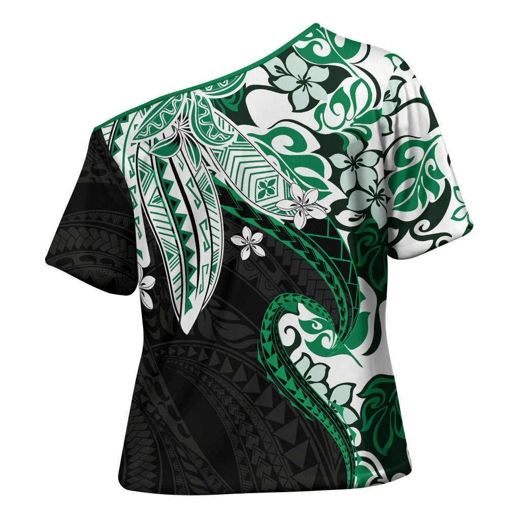 Monstera Plumeria Flowers Green Cross Shoulder Shirt Polynesian Pattern LT01 - Polynesian Pride