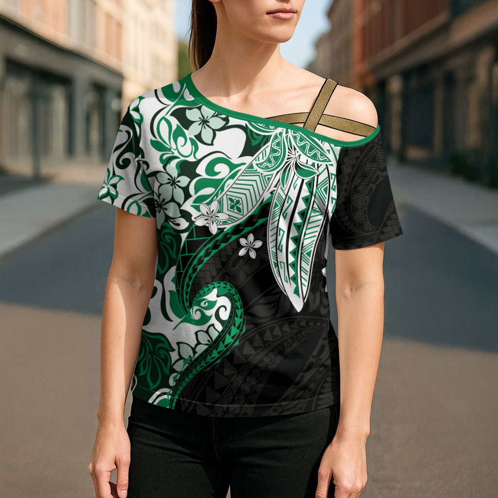 Monstera Plumeria Flowers Green Cross Shoulder Shirt Polynesian Pattern LT01 - Polynesian Pride