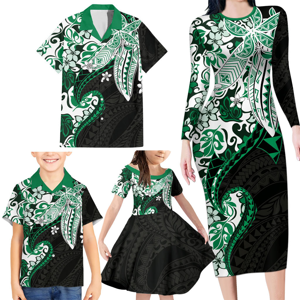Monstera Plumeria Flowers Green Family Matching Long Sleeve Bodycon Dress and Hawaiian Shirt Polynesian Pattern LT01 - Polynesian Pride