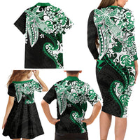 Monstera Plumeria Flowers Green Family Matching Long Sleeve Bodycon Dress and Hawaiian Shirt Polynesian Pattern