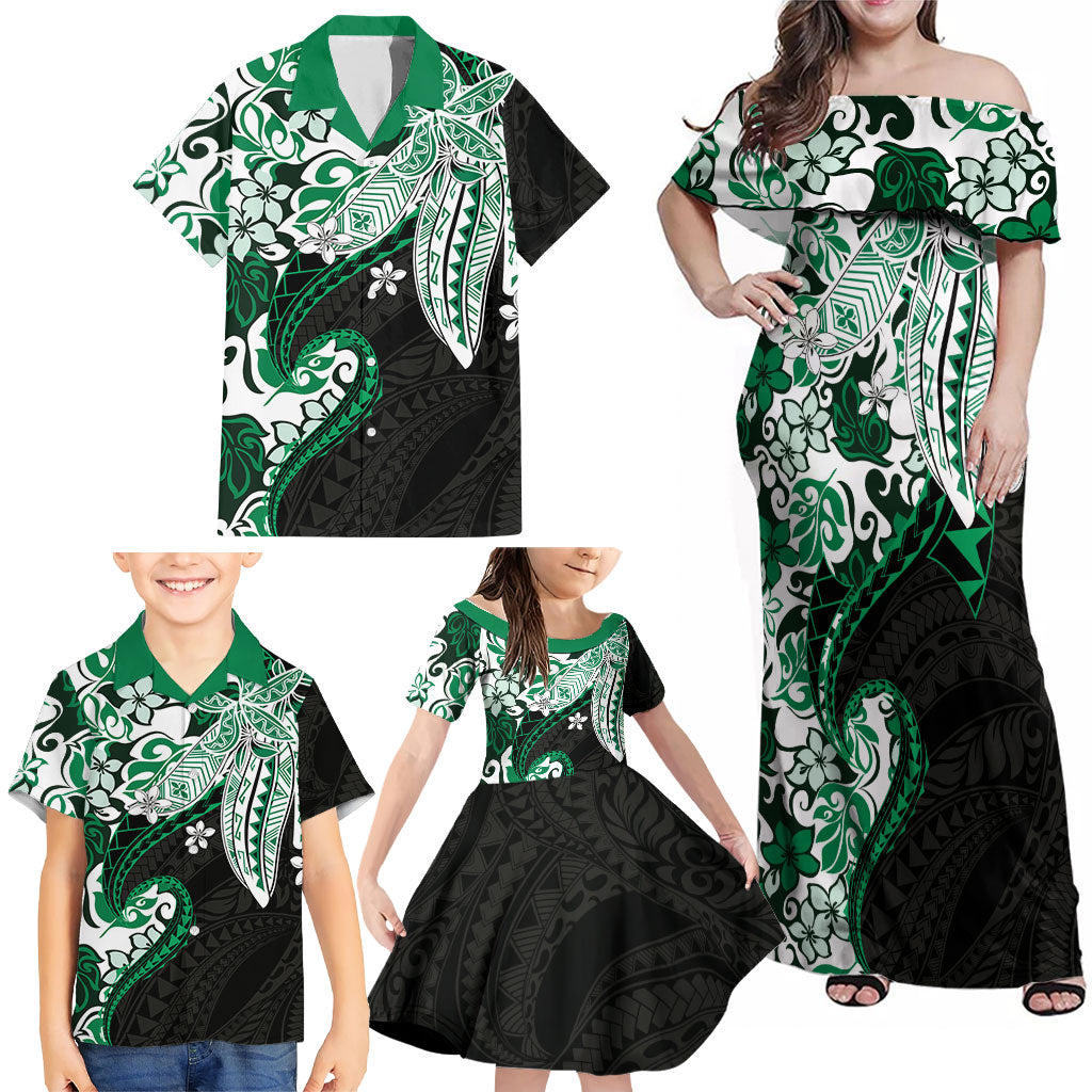 Monstera Plumeria Flowers Green Family Matching Off Shoulder Maxi Dress and Hawaiian Shirt Polynesian Pattern LT01 - Polynesian Pride