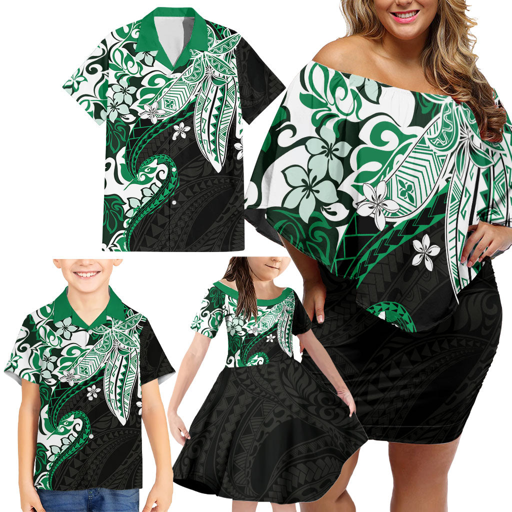 Monstera Plumeria Flowers Green Family Matching Off Shoulder Short Dress and Hawaiian Shirt Polynesian Pattern LT01 - Polynesian Pride