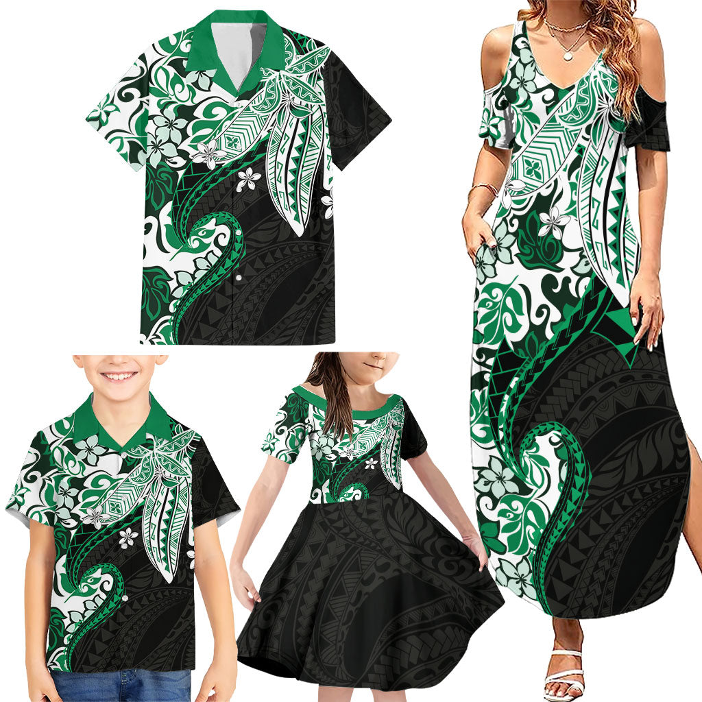 Monstera Plumeria Flowers Green Family Matching Summer Maxi Dress and Hawaiian Shirt Polynesian Pattern LT01 - Polynesian Pride
