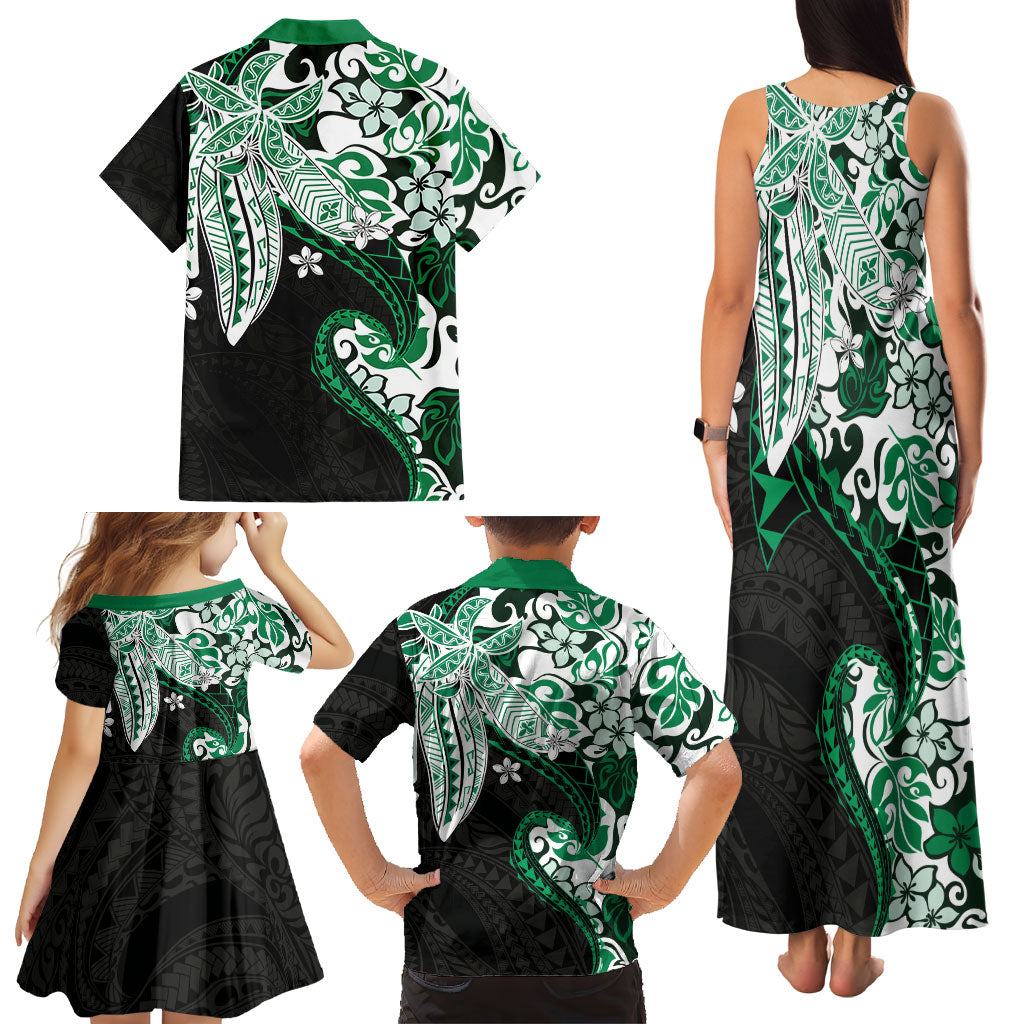 Monstera Plumeria Flowers Green Family Matching Tank Maxi Dress and Hawaiian Shirt Polynesian Pattern