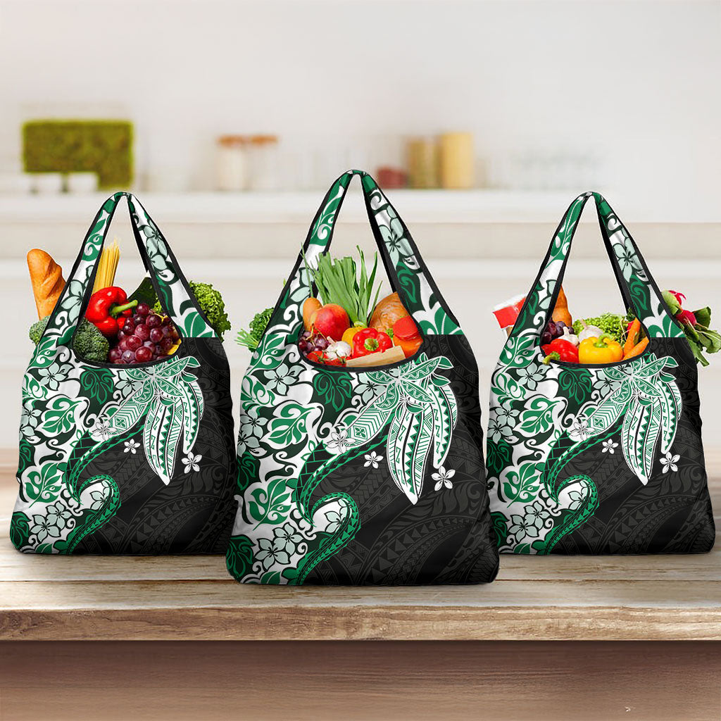 Monstera Plumeria Flowers Green Grocery Bag Polynesian Pattern LT01 3-pack One Size Green - Polynesian Pride