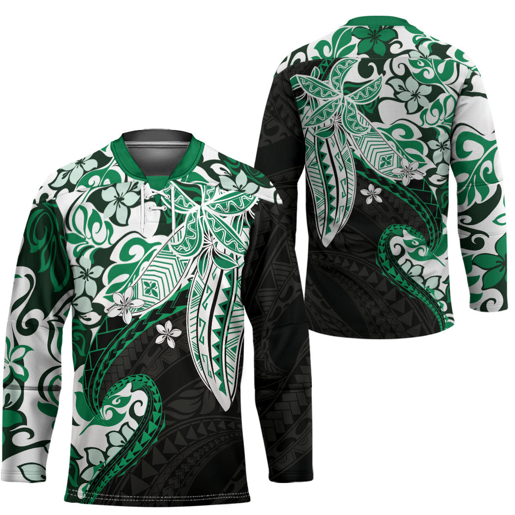 Monstera Plumeria Flowers Green Hockey Jersey Polynesian Pattern LT01 - Polynesian Pride