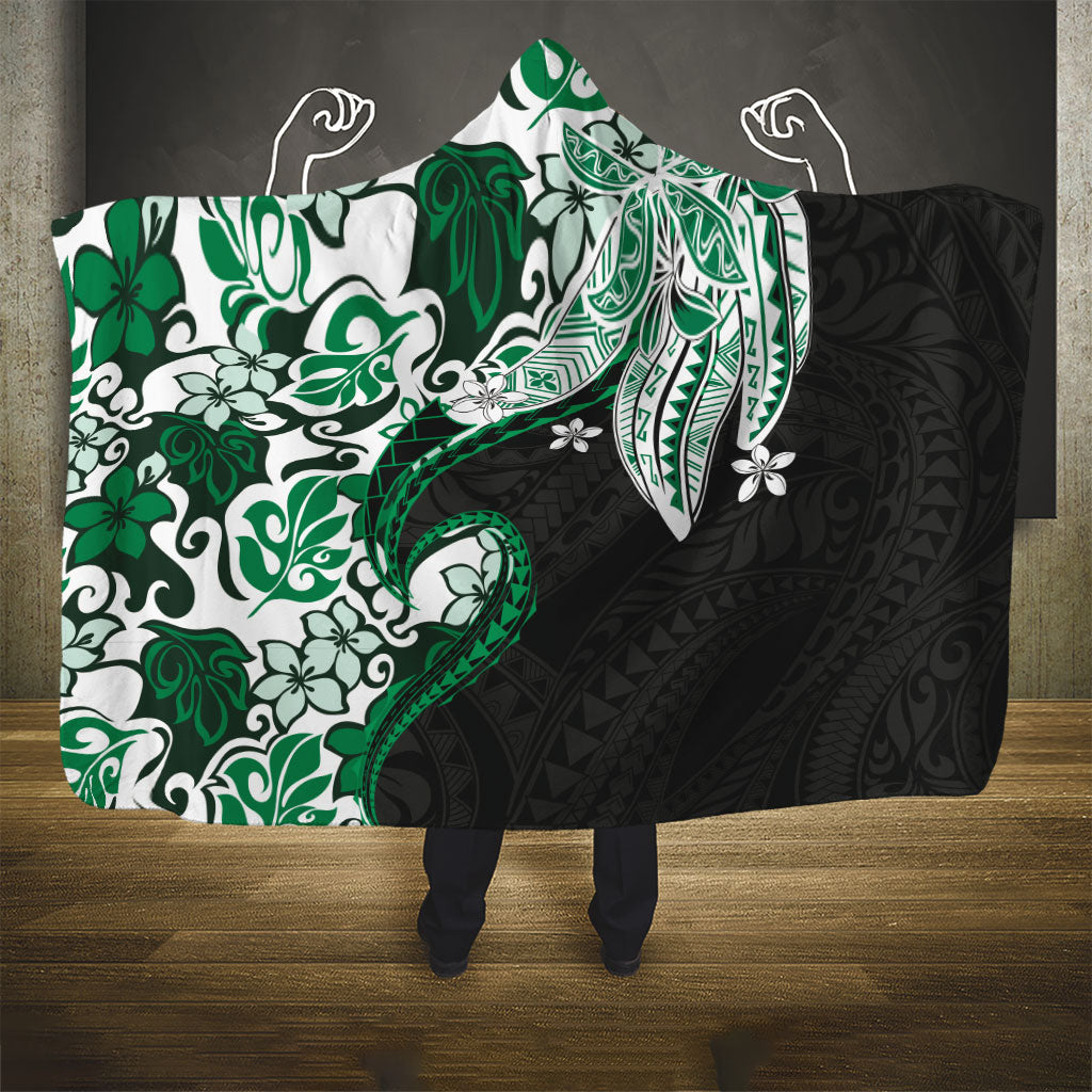 Monstera Plumeria Flowers Green Hooded Blanket Polynesian Pattern LT01 - Polynesian Pride