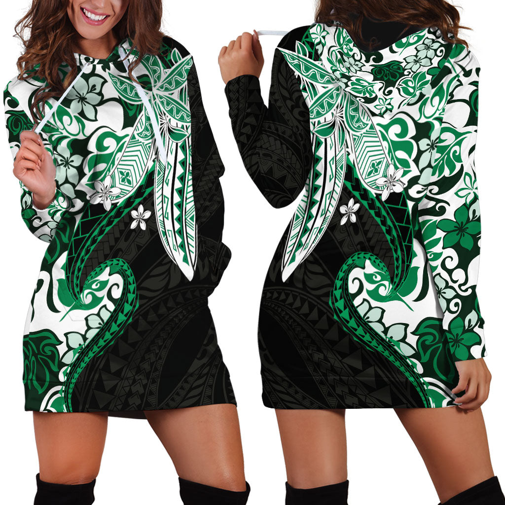 Monstera Plumeria Flowers Green Hoodie Dress Polynesian Pattern LT01 - Polynesian Pride
