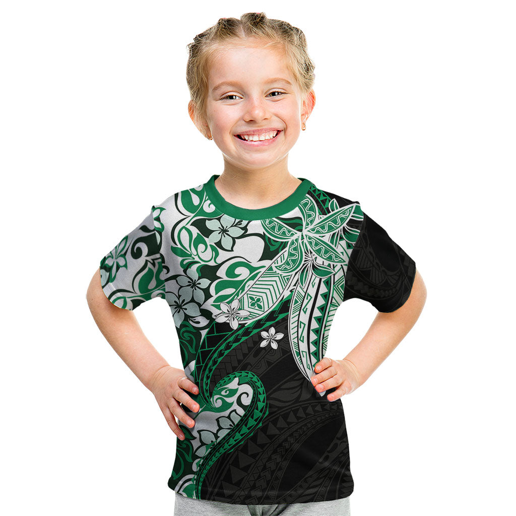 Monstera Plumeria Flowers Green Kid T Shirt Polynesian Pattern LT01 Green - Polynesian Pride