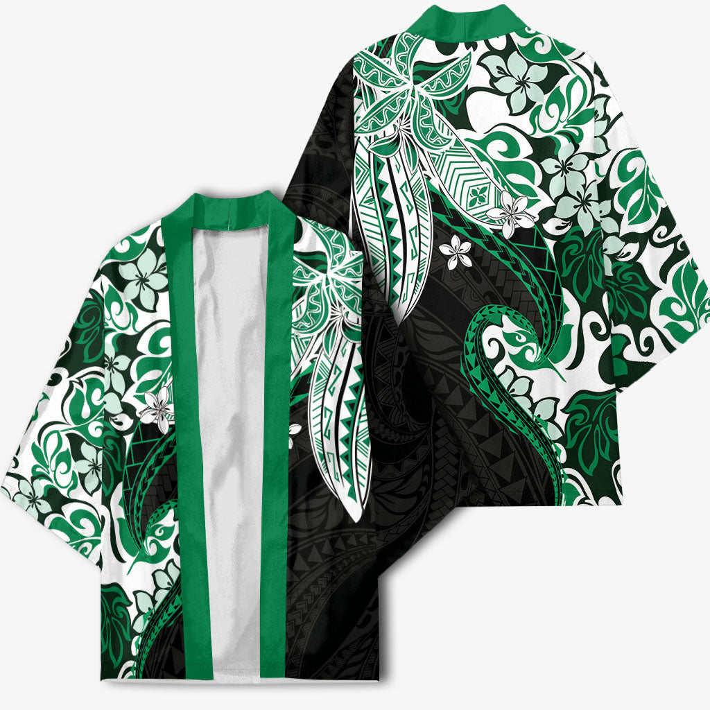 Monstera Plumeria Flowers Green Kimono Polynesian Pattern LT01 - Polynesian Pride