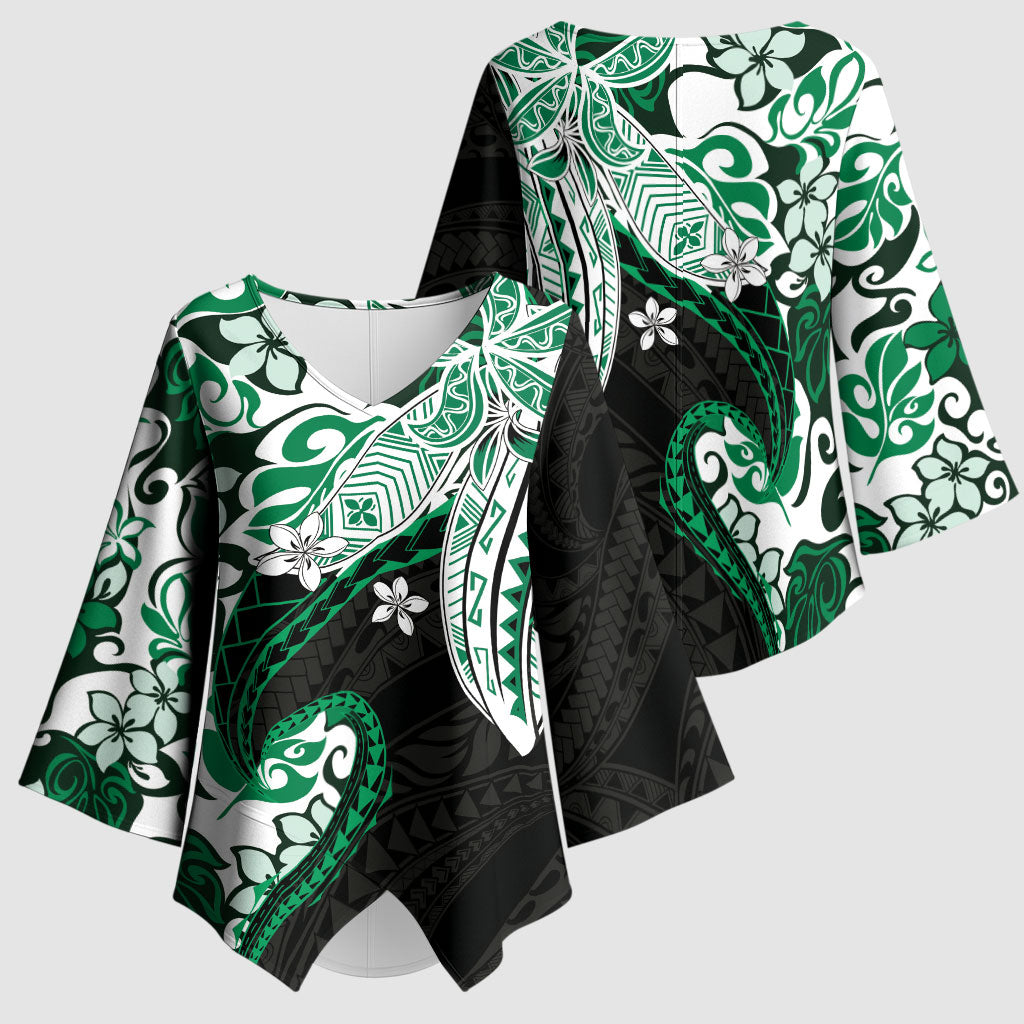 Monstera Plumeria Flowers Green Kimono Sleeve Blouse Polynesian Pattern LT01 - Polynesian Pride