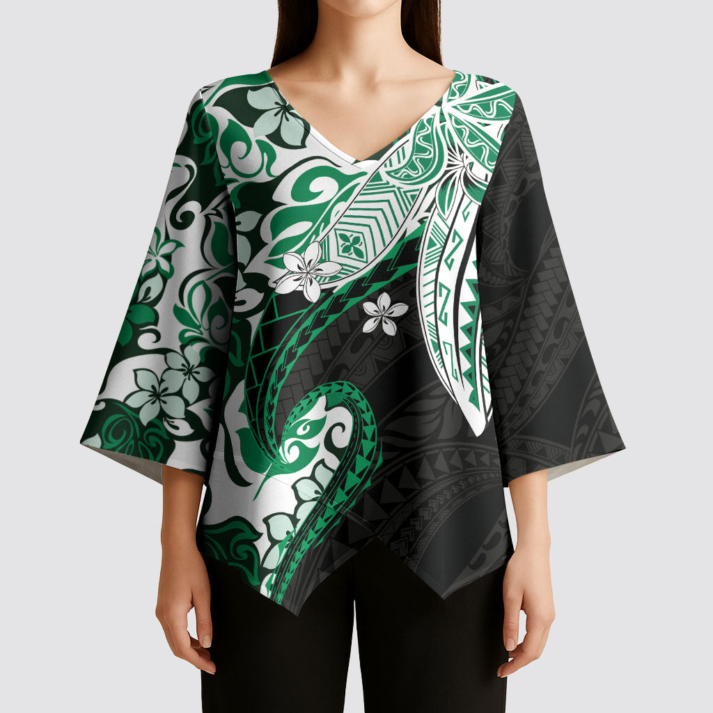 Monstera Plumeria Flowers Green Kimono Sleeve Blouse Polynesian Pattern LT01 - Polynesian Pride