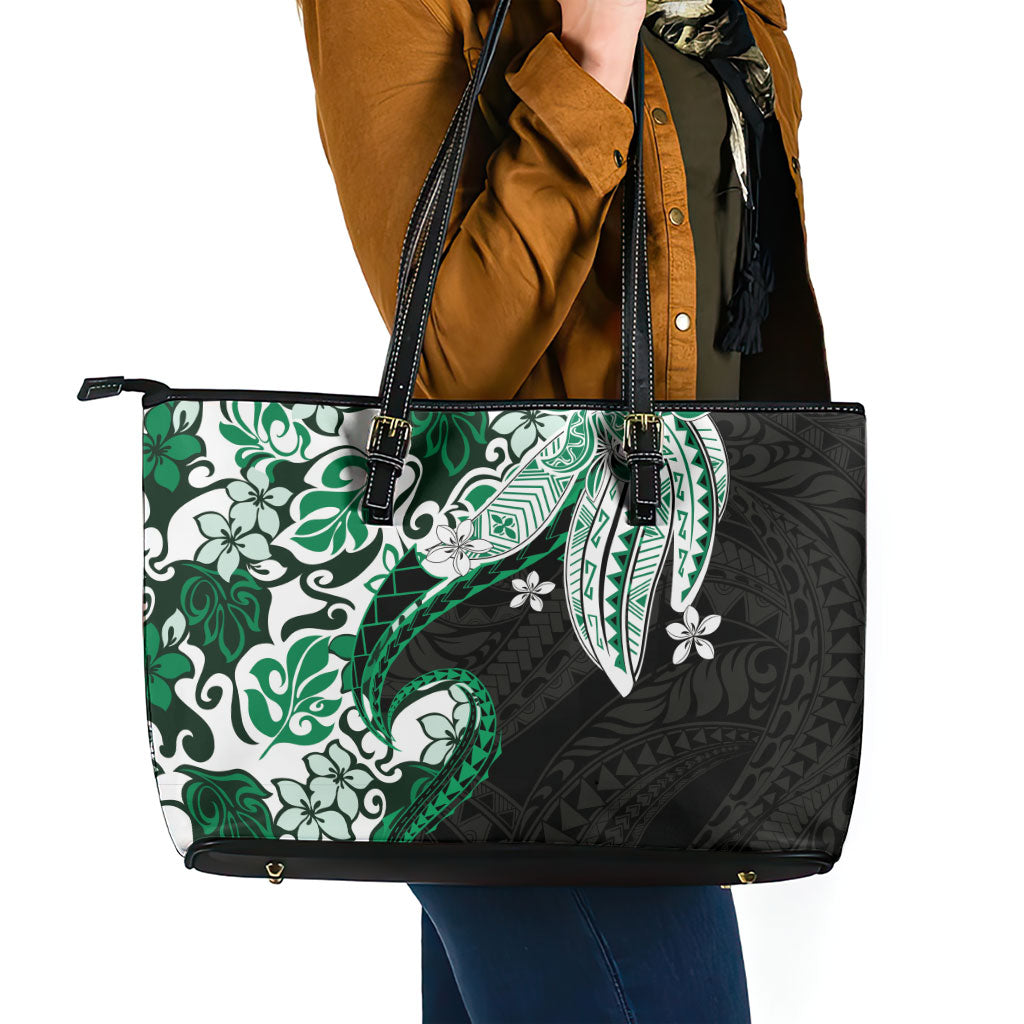 Monstera Plumeria Flowers Green Leather Tote Bag Polynesian Pattern LT01 - Polynesian Pride